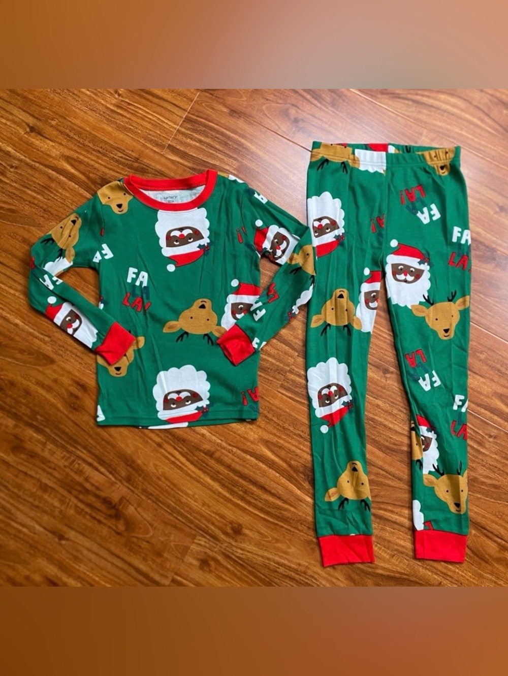 Carter’s Kids Green Santa Reindeer Christmas Long Sleeve Legging Pajamas Size 7